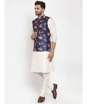 Men Cream & Blue Kurta with Churidar & Printed Nehru Jacket 3