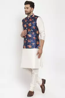 Men Cream & Blue Kurta with Churidar & Printed Nehru Jacket