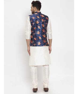 Men Cream & Blue Kurta with Churidar & Printed Nehru Jacket 4