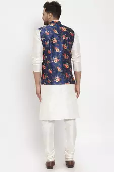 Men Cream & Blue Kurta with Churidar & Printed Nehru Jacket