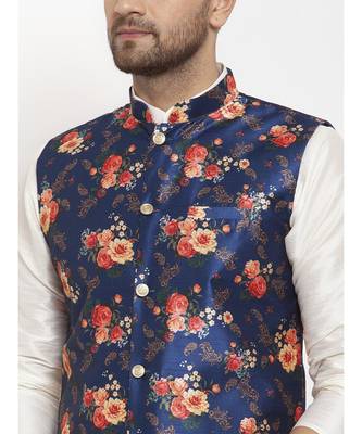 Men Cream & Blue Kurta with Churidar & Printed Nehru Jacket 5
