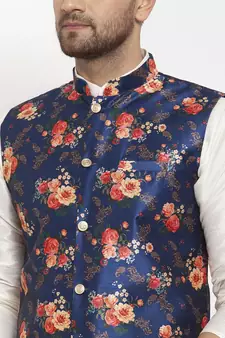 Men Cream & Blue Kurta with Churidar & Printed Nehru Jacket