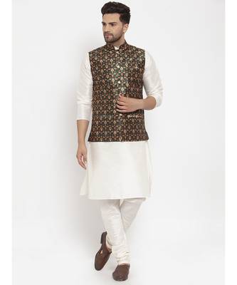Men Cream & Green Kurta with Churidar & Printed Nehru Jacket 1