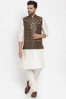 Men Cream & Green Kurta with Churidar & Printed Nehru Jacket