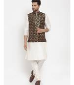 Men Cream & Green Kurta with Churidar & Printed Nehru Jacket