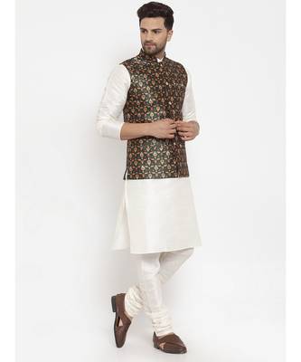 Men Cream & Green Kurta with Churidar & Printed Nehru Jacket 2