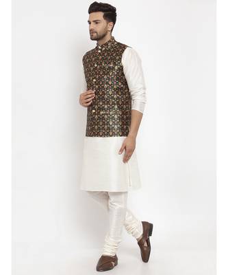 Men Cream & Green Kurta with Churidar & Printed Nehru Jacket 3