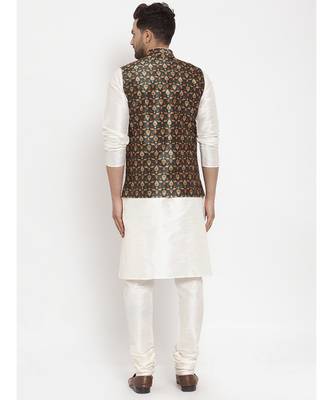 Men Cream & Green Kurta with Churidar & Printed Nehru Jacket 4