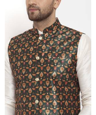 Men Cream & Green Kurta with Churidar & Printed Nehru Jacket 5