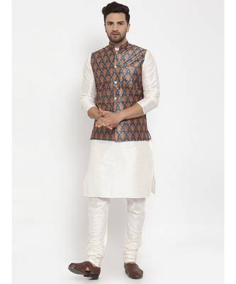 Men Cream & Teal Kurta with Churidar & Printed Nehru Jacket 1