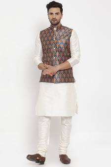 Men Cream & Teal Kurta with Churidar & Printed Nehru Jacket
