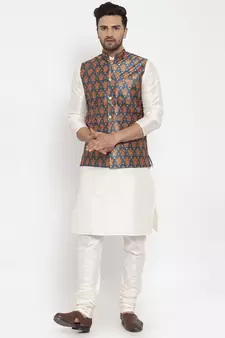 Men Cream & Teal Kurta with Churidar & Printed Nehru Jacket