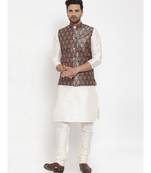 Men Cream & Teal Kurta with Churidar & Printed Nehru Jacket