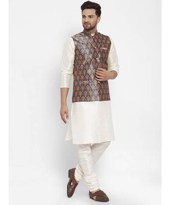 Men Cream & Teal Kurta with Churidar & Printed Nehru Jacket 2