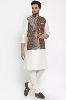 Men Cream & Teal Kurta with Churidar & Printed Nehru Jacket