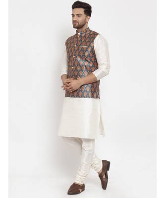 Men Cream & Teal Kurta with Churidar & Printed Nehru Jacket 3