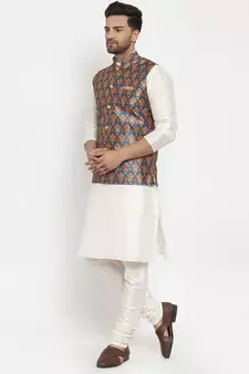 Men Cream & Teal Kurta with Churidar & Printed Nehru Jacket