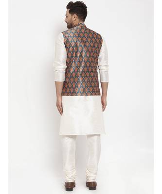 Men Cream & Teal Kurta with Churidar & Printed Nehru Jacket 4