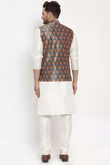 Men Cream & Teal Kurta with Churidar & Printed Nehru Jacket