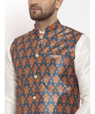 Men Cream & Teal Kurta with Churidar & Printed Nehru Jacket 5