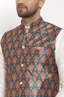 Men Cream & Teal Kurta with Churidar & Printed Nehru Jacket