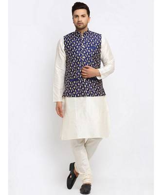 Men Cream Kurta and Churidar with Embroidered Navy Blue Nehru jacket 1