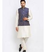 Men Cream Kurta and Churidar with Embroidered Navy Blue Nehru jacket