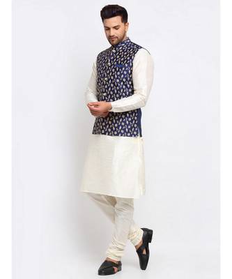 Men Cream Kurta and Churidar with Embroidered Navy Blue Nehru jacket 4