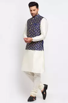 Men Cream Kurta and Churidar with Embroidered Navy Blue Nehru jacket