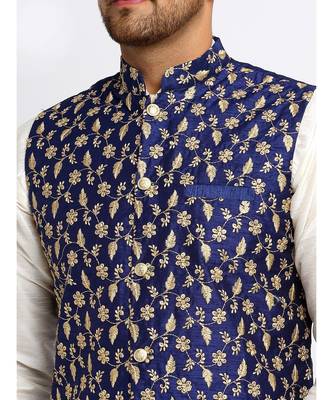 Men Cream Kurta and Churidar with Embroidered Navy Blue Nehru jacket 5
