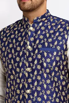 Men Cream Kurta and Churidar with Embroidered Navy Blue Nehru jacket