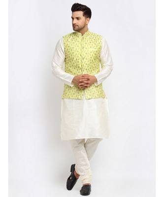 Men Cream Kurta and Churidar with Embroidered Lime Green Nehru jacket 1