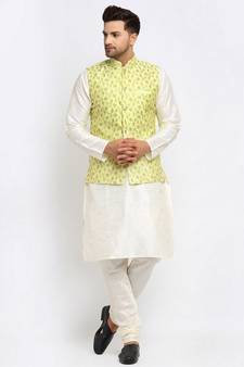 Men Cream Kurta and Churidar with Embroidered Lime Green Nehru jacket