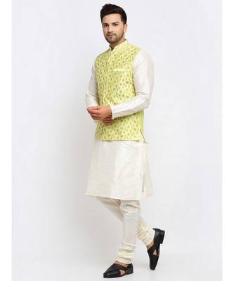 Men Cream Kurta and Churidar with Embroidered Lime Green Nehru jacket 4