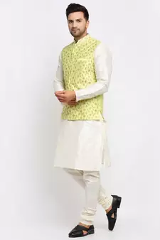 Men Cream Kurta and Churidar with Embroidered Lime Green Nehru jacket