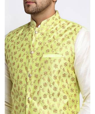 Men Cream Kurta and Churidar with Embroidered Lime Green Nehru jacket 5