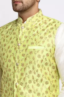 Men Cream Kurta and Churidar with Embroidered Lime Green Nehru jacket