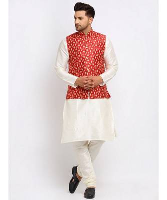Men Cream Kurta and Churidar with Embroidered Red Nehru jacket 1