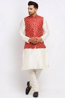 Men Cream Kurta and Churidar with Embroidered Red Nehru jacket