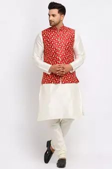 Men Cream Kurta and Churidar with Embroidered Red Nehru jacket