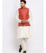 Men Cream Kurta and Churidar with Embroidered Red Nehru jacket