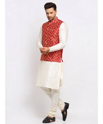 Men Cream Kurta and Churidar with Embroidered Red Nehru jacket 4