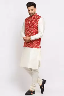 Men Cream Kurta and Churidar with Embroidered Red Nehru jacket