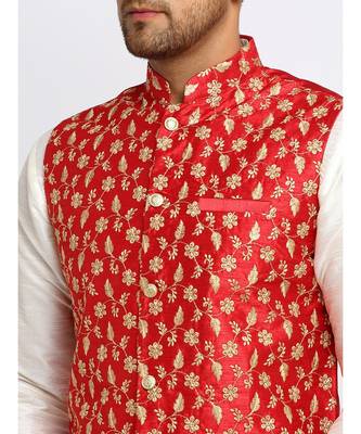 Men Cream Kurta and Churidar with Embroidered Red Nehru jacket 5