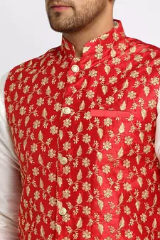 Men Cream Kurta and Churidar with Embroidered Red Nehru jacket