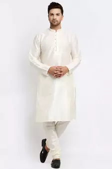 Men Cream Kurta and Churidar with Embroidered Peach Nehru jacket