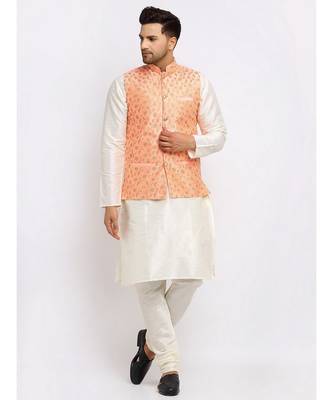 Men Cream Kurta and Churidar with Embroidered Peach Nehru jacket 4