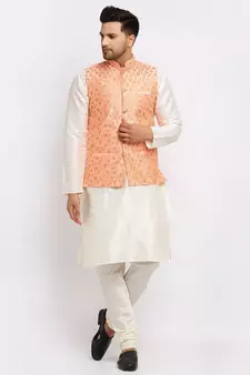 Men Cream Kurta and Churidar with Embroidered Peach Nehru jacket