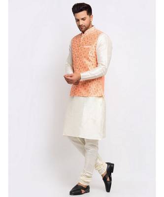 Men Cream Kurta and Churidar with Embroidered Peach Nehru jacket 1