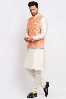 Men Cream Kurta and Churidar with Embroidered Peach Nehru jacket